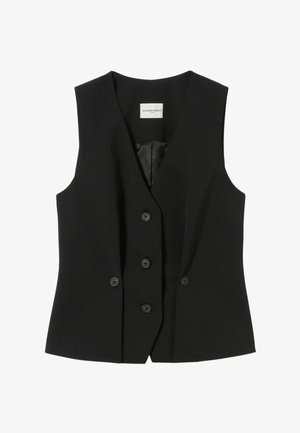 Chaleco negro sin mangas con diseño de doble botonadura, cinco botones, textura lisa y un forro interior sutil. Etiqueta visible en el interior.