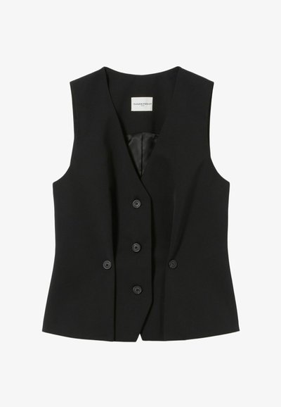 Gilet nero senza maniche con design a doppio petto, cinque bottoni, texture liscia e una sottile fodera interna. Etichetta visibile all'interno.