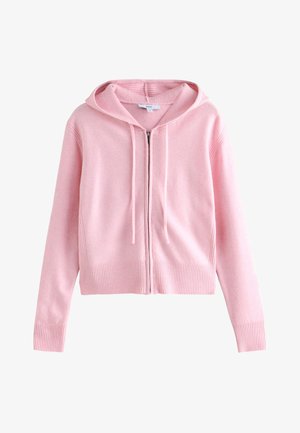 Ružová krátka mikina s kapucňou vyrobená z mäkkého materiálu, s zapínaním na zips, rebrovanými manžetami a lemom, a sťahovacou šnúrkou na kapucni.