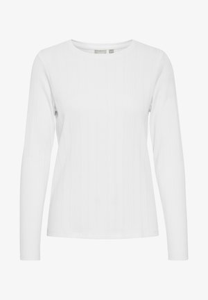 Balts garām piedurknēm pieguļošs tops ar apaļu kaklu, izgatavots no ribota auduma. Tekstūra ir gluda un maiga, ar minimālu šuvju skaitu.