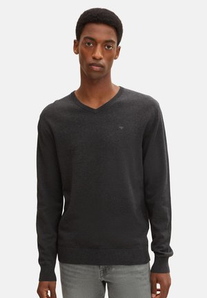 TOM TAILOR V NECK  - Jumper - black/ grey melange