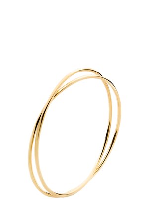 Pulsera de bangle color dorado con un diseño suave y redondeado que presenta dos bandas entrelazadas, reflejando la luz y exhibiendo un acabado pulido.
