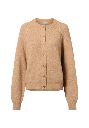 Gilet en tricot beige avec un col rond, des boutons en bois à l'avant et des poignets et un ourlet côtelés. Texture douce et coupe légèrement décontractée.