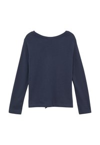 Donkerblauw longsleeve shirt van zachte katoen, met een ronde halslijn en een subtiele zoomdetail aan de achterkant.