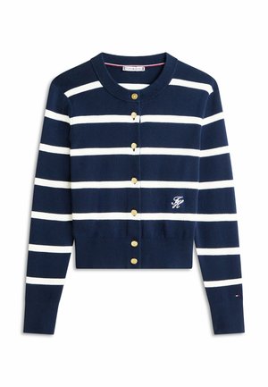 Navy blue cardigan with white horizontal stripes, gold buttons down front, ribbed cuffs and hem, and small embroidered logo on the chest and sleeve.