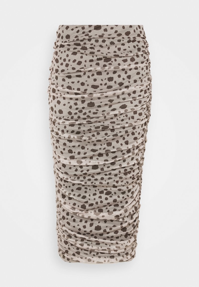 Jupe froncée longueur genou en tissu léger, dans une couleur beige neutre avec des taches irrégulières marron foncé. Texture lisse.