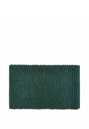 Tappetino da bagno rettangolare verde scuro con motivo circolare in rilievo e trama, progettato per l'uso sul pavimento del bagno.