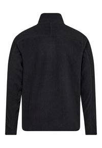 Giacca in pile nera con colletto, maniche lunghe e una texture liscia. Il design è caratterizzato da cuciture piatte e una vestibilità rilassata.