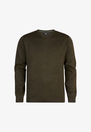 Pull à col V vert olive en matière douce, doté de manches longues et de détails côtelés aux poignets et à l'ourlet.