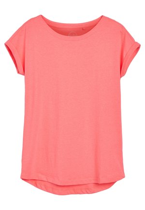 T-shirt corail rose à manches courtes avec des poignets retroussés et un col arrondi, présenté à plat sur fond blanc.