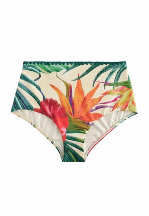 Slip de bikini cu talie înaltă, cu imprimeu floral tropical ce prezintă flori mari portocalii și roșii și frunze de palmier verzi pe un fundal crem.