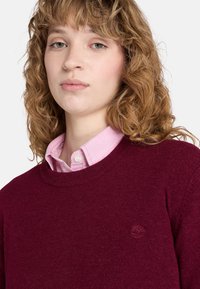 Burgundy stickad tröja med rund halsringning, bärs över en ljusrosa skjorta med krage. Har en liten, broderad logotyp på bröstet.