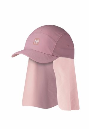 Pink sun hat with neck flap and curved brim, featuring a Buff logo on the front panel for sun protection.