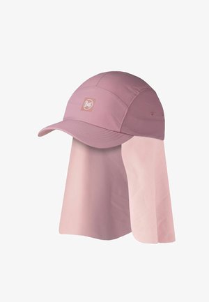 Sombrero de sol rosa con solapa para el cuello y ala curvada, con el logo de Buff en el panel frontal para protección solar.