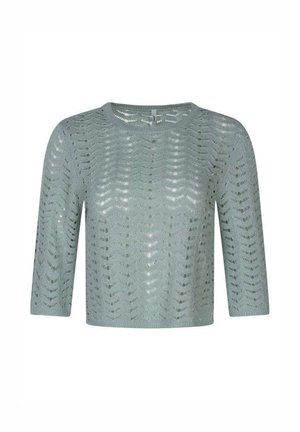 Maglione corto azzurro chiaro lavorato a maglia con motivo traforato a spina di pesce e maniche a tre quarti.