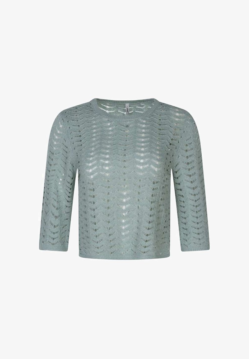 Pull court bleu clair en maille avec un motif ajouré en chevron et manches trois-quarts.