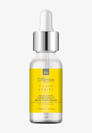 Dropper bottle with yellow label for Skin Chemists Youth Series Acne Prone Serum, containing salicylic acid 2% and centella asiatica 3%, 30ml.