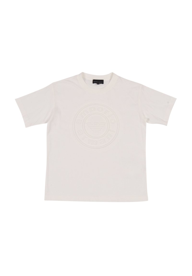 T-shirt bianco a maniche corte realizzato in cotone, con logo circolare testurizzato sul davanti e colletto a girocollo. Design minimalista.