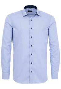 Gestreiftes Hemd aus leichtem Blau und Weiß. Verfügt über einen Kentkragen, lange Ärmel und kontrastierende dunkle Knöpfe auf der Vorderseite.