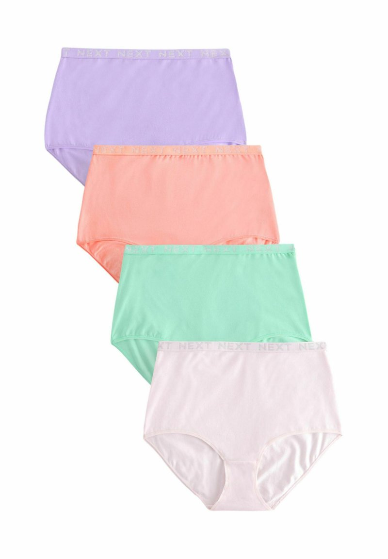 Set di quattro mutande in lavanda, corallo, verde menta e bianco. Realizzate in morbido tessuto con elastici in vita etichettati "NEXT."