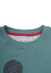 Green sweater with a round neckline, featuring a maroon inner collar and a black microphone graphic on the front. Soft, textured fabric.