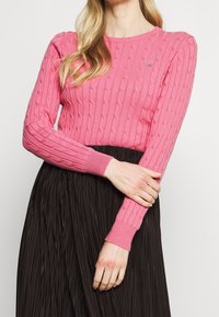 Maglione rosa a maglia con maniche a costine, abbinato a una gonna nera plissettata. Il maglione presenta un piccolo logo sul petto.