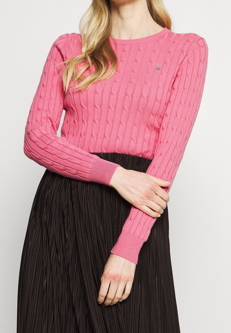 Maglione rosa a maglia con maniche a costine, abbinato a una gonna nera plissettata. Il maglione presenta un piccolo logo sul petto.