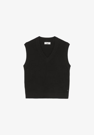 T-shirt sans manches noir en maille avec une texture côtelée, un décolleté en V et une petite étiquette de marque à l'avant.