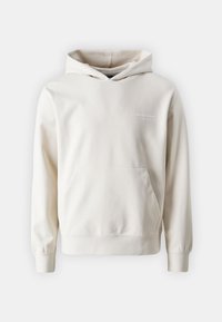 Hættetrøje i lys beige bomuld. Har en lomme foran og elastiske manchetter. Diskret logo printet på brystet. Glat tekstur.