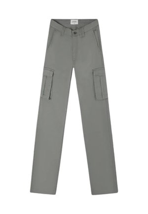 Pantalones cargo grises de corte recto, fabricados en tela resistente. Cuenta con dos bolsillos laterales y un cierre de botón en la cintura.