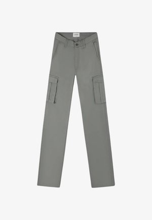 Pantalones cargo grises de corte recto, fabricados en tela resistente. Cuenta con dos bolsillos laterales y un cierre de botón en la cintura.