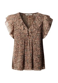 Blusa de patrón marrón con mangas con vuelo, escote en V y detalle de volantes a lo largo del pecho y los hombros.