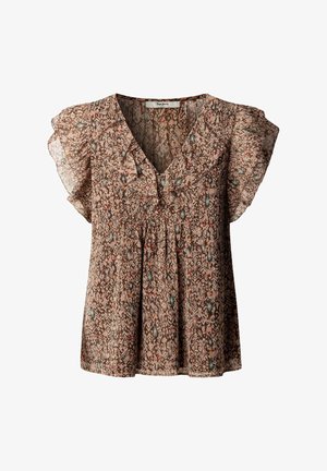 Blusa de patrón marrón con mangas con vuelo, escote en V y detalle de volantes a lo largo del pecho y los hombros.