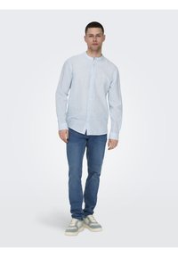 Camicia a righe blu chiaro a maniche lunghe con colletto alla francese, chiusura con bottoni e bottoni bianchi. Abbinata a jeans blu scuro e sneakers chiare.