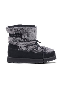 Grau-faux-fell und schwarze Wildleder-Ankle-Boots mit schnürbarem Vorderteil und Gummisohle, mit einem Logo-Label an der Seite.