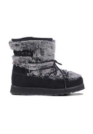 Grey faux fur and black suede ankle boot with lace-up front and rubber sole, featuring a logo label on the side.