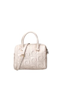 Sac à main blanc avec une finition texturée et un motif en spirale. Dispose de poignées doubles et d'une bandoulière amovible. Accents en matériel doré.
