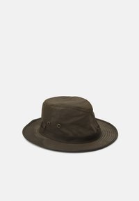 Olive green waxed cotton bucket hat with a rounded crown, wide brim, and two metal ventilation grommets on the side.