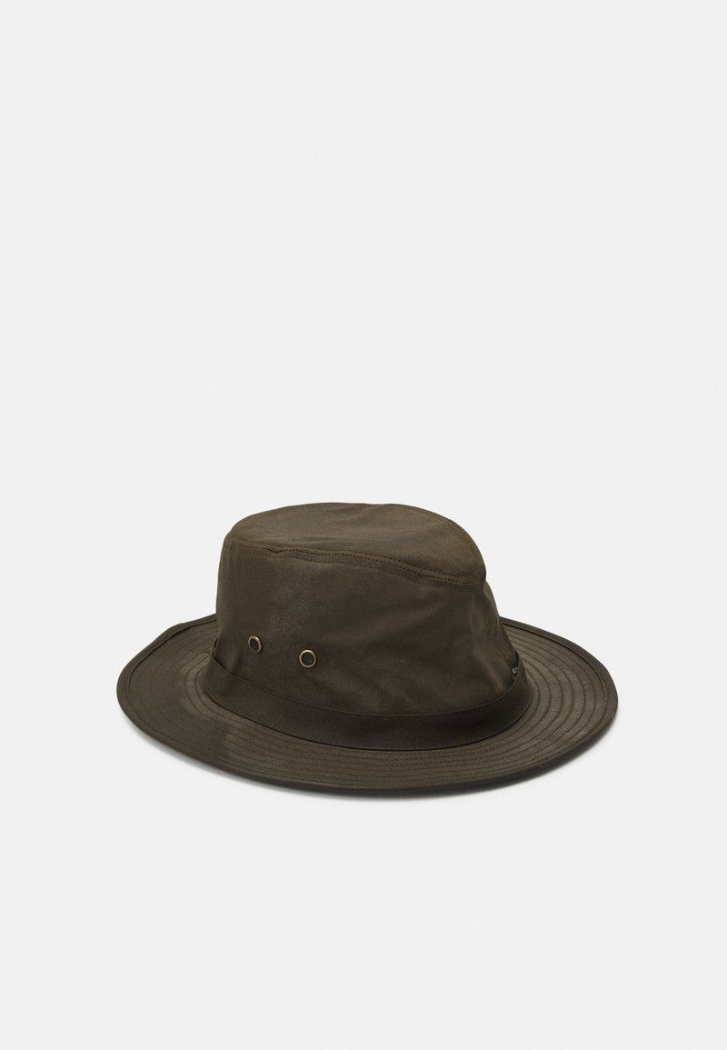 Olive green waxed cotton bucket hat with a rounded crown, wide brim, and two metal ventilation grommets on the side.