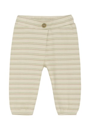 Crèmekleurige broek met horizontale olijfgroene en tan strepen. Zachte ribbelstructuur, elastische tailleband, enkele bruine knoopdetail.