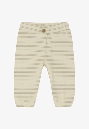Crèmekleurige broek met horizontale olijfgroene en tan strepen. Zachte ribbelstructuur, elastische tailleband, enkele bruine knoopdetail.