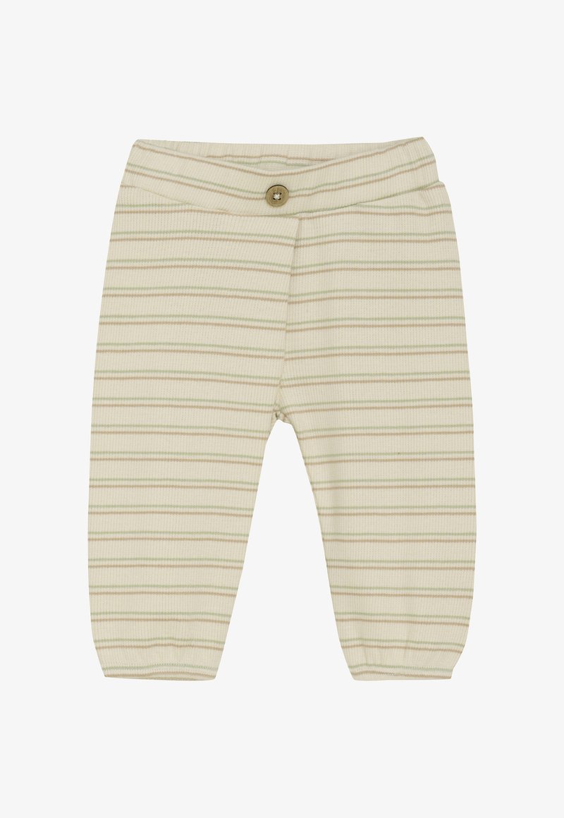 Cream-colored pants with horizontal olive green and tan stripes. Soft ribbed texture, elastic waistband, single brown button detail.