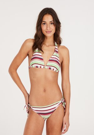 Bikini komplektas su kaklo rišamu viršumi ir raišteliais ant šonų. Dryžuotas raštas mėtų žalios, rožinės ir burgundiškos spalvų. Sklandi, tampri medžiaga.