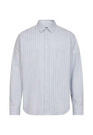 Lichtblauw button-up shirt met verticale witte strepen, een gespreide kraag en lange mouwen met knoopmanchetten. Soepele stof structuur.