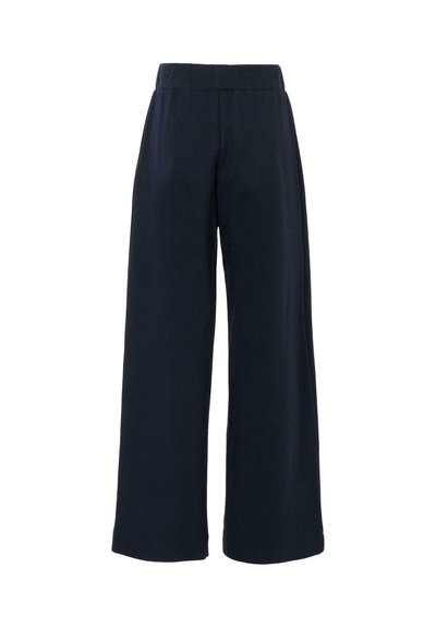 Marineblauwe wijde broek met een elastische tailleband en een soepele, relaxte pasvorm.
