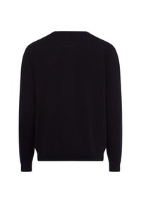 Schwarzer Strickpullover mit langen Ärmeln, gerippten Bündchen und Saum, Rundhalsausschnitt und glatter Textur, von hinten präsentiert.