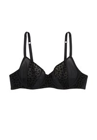 Soutien-gorge noir avec des bonnets en maille transparente à motif léopard, des bretelles réglables, un soutien-gorge à armatures et un détail nœud à l'avant. Tissu lisse avec des accents texturés.