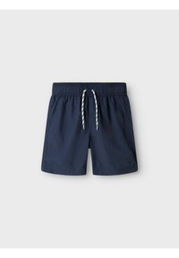 Bañador de marina con cintura elástica, cordón en blanco y rayas marinas, y bolsillos laterales, hecho de un tejido ligero y de secado rápido.