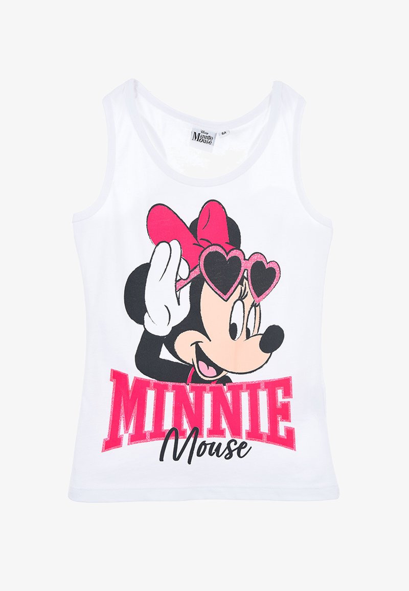 Weißes ärmelloses Tanktop mit einem Grafikdruck eines Cartoon-Charakters mit rosa Akzenten und herzförmigen Brillen, beschriftet mit "Minnie Mouse".