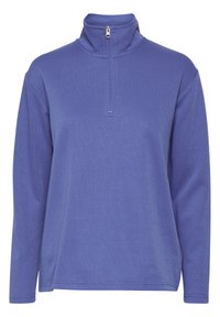 Lila Pullover-Oberteil mit hohem Kragen und einem Viertelreißverschluss. Aus einem weichen, strukturierten Stoff gefertigt, mit langen Ärmeln und lockerer Passform.